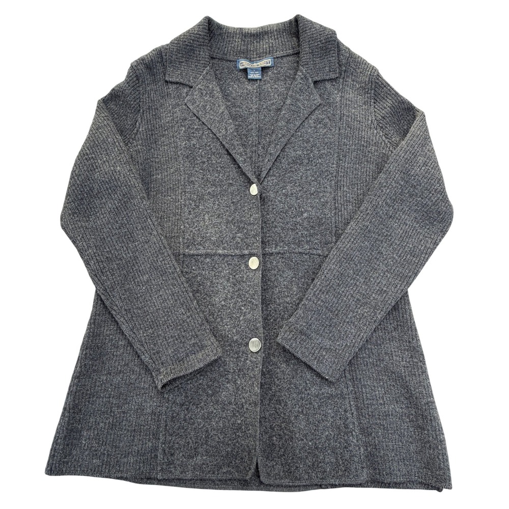 Herman Geist Womens Large Gray 100% Wool Ribbed Button Front Cardigan Sweater